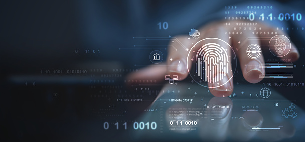 Biometrics security system. Woman using fingerprint indentification to access personal financial data on mobile phone, mobile banking app. biometrics cyber security, innovation technology against digital cyber crime