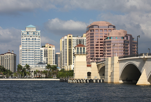 Downtown West Palm Beach, Floriday Skyline along Intracoastal Waterway. West palm Beach is a city in the county seat of Palm Beach County. West palm Beach is known for its beaches, parks arts, and shopping,