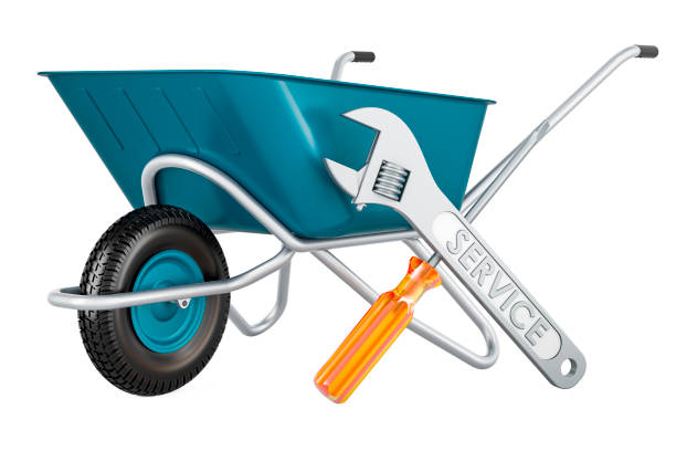 istock Garden wheelbarrow with screwdriver and wrench, 3D rendering 1738657514