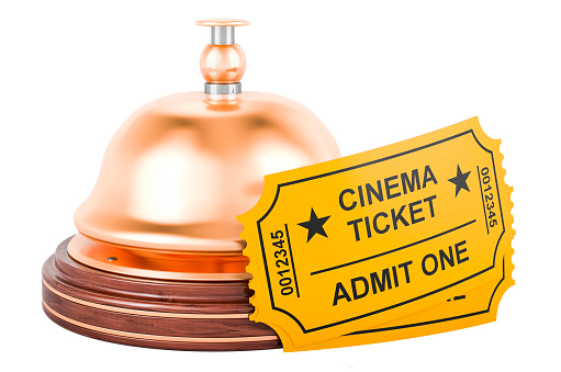 Reception bell with cinema tickets, 3D rendering  isolated on white background
