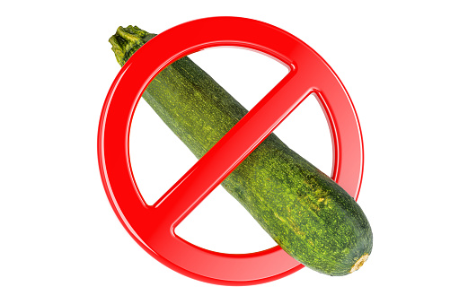 Green Zucchini with forbidden sign, 3D rendering isolated on white background