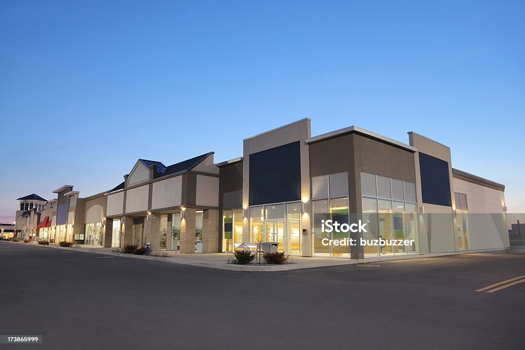 Strip Mall Store Building Exteriors at Sunset  Building Exterior Stock Photo