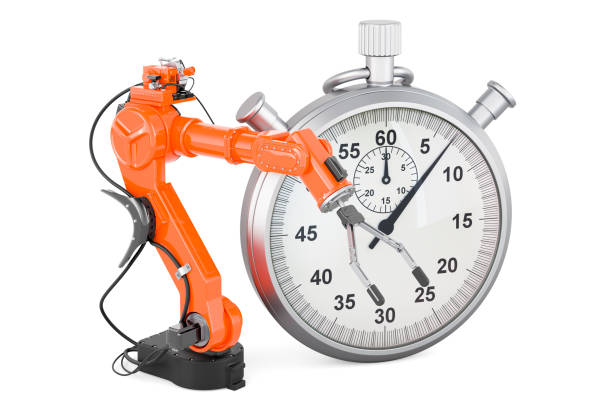 cronometro con braccio robotico, rendering 3d - isolated on white three dimensional accuracy arm foto e immagini stock