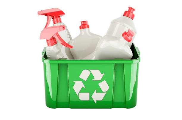 istock Recycling trashcan with detergent, cleaning products. 3D rendering 1738660351