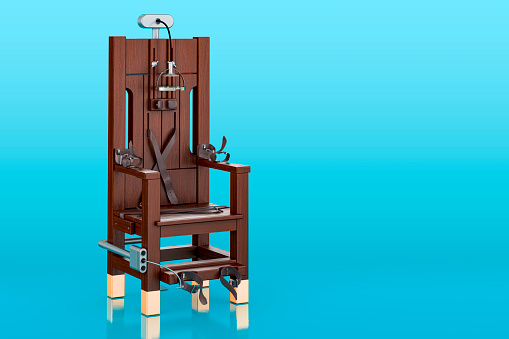 Electric chair on blue backdrop, 3D rendering
