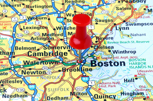 A red pushpin pointing to Boston, Massachusetts on a map.