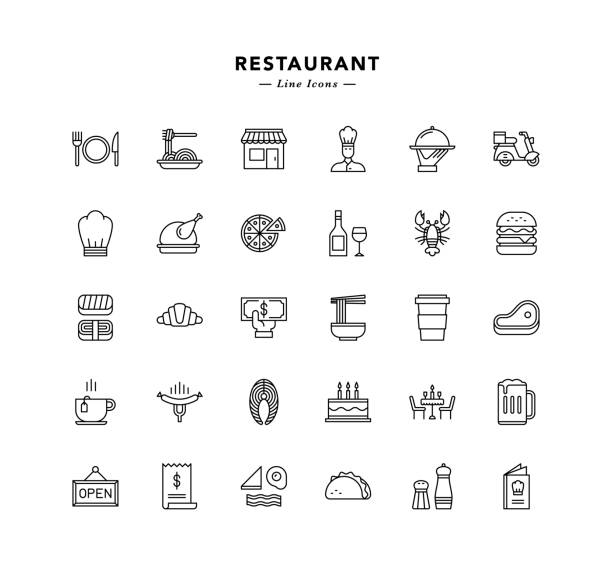 ilustrações de stock, clip art, desenhos animados e ícones de restaurant line icons - steak dinner lobster wine