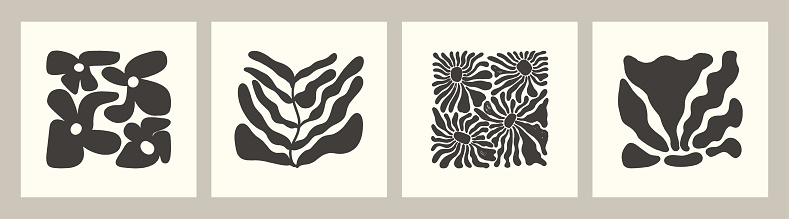 Modern Abstract Botanical Wall Art. Contemporary art prints with abstract flowers and leaves. Scandinavian style wallpaper, poster, card, brochure design. Vector illustration