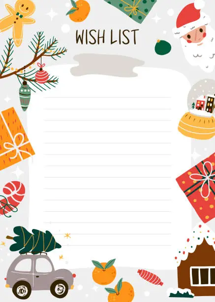 Vector illustration of Christmas wish list page template decorated with seasonal decorations