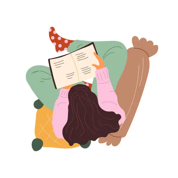 Vector illustration of Girl reading a book, top view