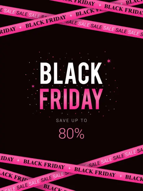 Vector illustration of Black Friday Sale save up to 80% vector illustration. Black and pink police tape