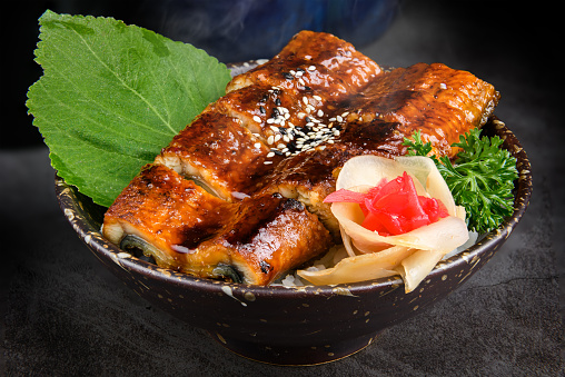 Japanese style eel grilled with sauce on rice cup