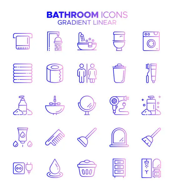 Vector illustration of Bathroom - Gradient Thin Line Vector Icon Set - Toilet, Mirror, Washing Machine, Faucet, Sink, Bathroom, Toilet Paper, Bathtub, Soap