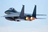 Fighter jet in flight with afterburners activated