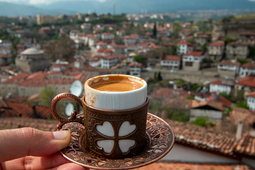 View of traditional Ottoman houses in Safranbolu with Turkish coffee