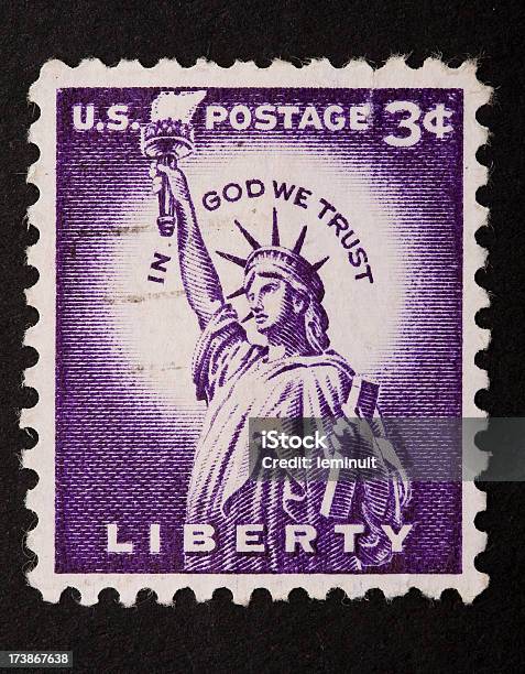 Statue Of Liberty Stamp With Clipping Path Stock Photo - Download Image Now - American Culture, Black Background, Clipping Path