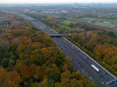 Aerial picture of A27 on the ring Utrecht at Amelisweerd