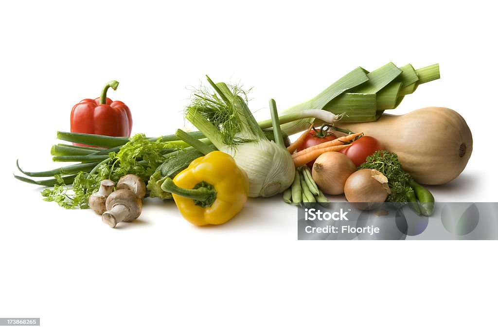 Zutaten: Lauch, Fenchel, ButternutSquash, Pilzen, Zwiebeln, Tomaten, Bohnen, BellPepper, SpringOnion - Lizenzfrei Gemüse Stock-Foto