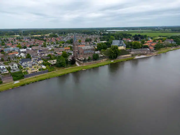 Aerial picture of the small town Kessel at the maas river near Roermond in the Netherlands
