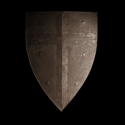 Iron shield with damaged orange painting. Warrior shield, medieval knight armor. Ancient defense armor against brutal and fatal attacks, 3d rendering, nobody