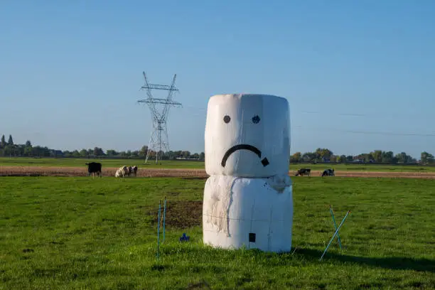 unhappy farmer has made a sad smiley with hay bale because of the nitrogen problem in the Netherlands