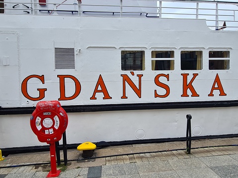 Gdansk, Poland – July 28, 2023: Gdansk sign on a ship in the old town of Gdansk, Northern Poland.