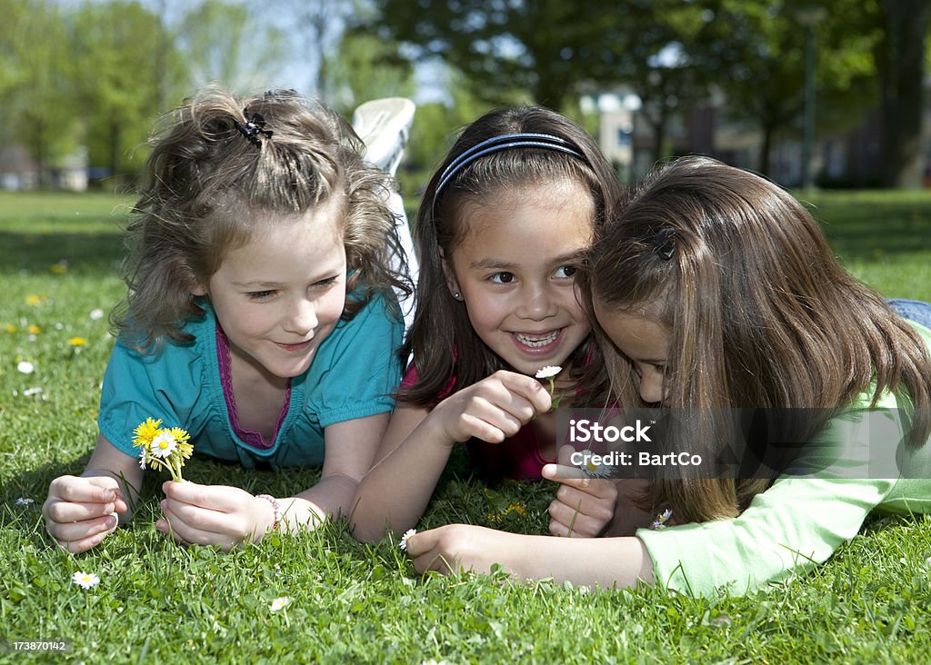 Três meninas ter biologia sobre o cultivo de plantas - Foto de stock de 6-7 Anos royalty-free