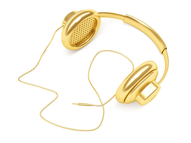 3 d dourado arame dj de música com fones de ouvido - headset hands free device single object nobody - fotografias e filmes do acervo