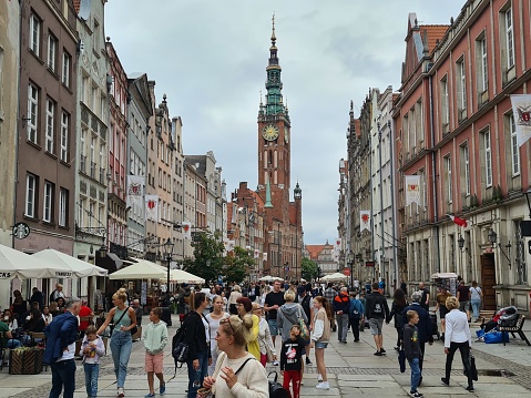 Gdansk, Poland – July 28, 2023: Mariacka Street, a picturesque cobbled street with amber galleries and cafés in the old town of Gdansk, Northern Poland.