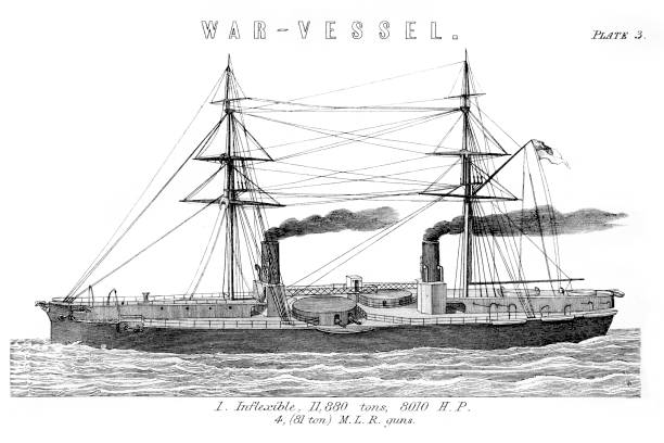 British Royal Navy Warship HMS Inflexible "Vintage engraving of the British Royal Navy Warship HMS Inflexible.  HMS Inflexible was a Victorian ironclad battleship carrying her main armament in centrally placed turrets. The ship was constructed in the 1870s for the Royal Navy, packed with innovations, Inflexible mounted larger guns than those of any previous British warship and had the thickest armour ever to be fitted to a Royal Navy ship." ironclad stock illustrations