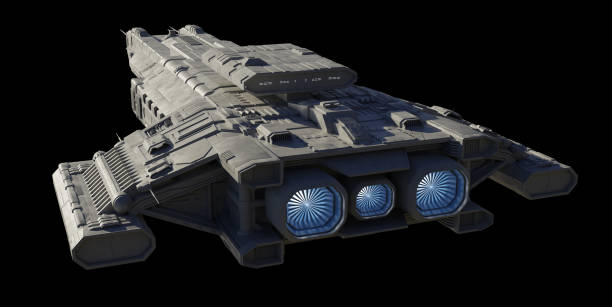 istock Spaceship Carrier Isolated on Black - Rear Angled View 1738716670