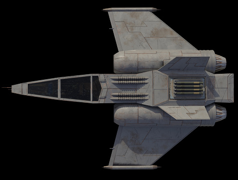 Science fiction illustration of a single seater star fighter spaceship, view from above, 3d digitally rendered illustration