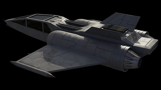 Science fiction illustration of a single seater star fighter spaceship, side view from above, 3d digitally rendered illustration