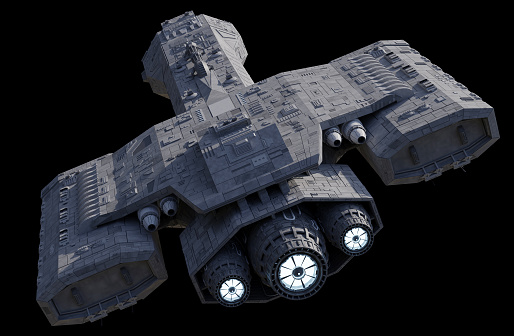 Science fiction illustration of a space battle cruiser, isolated on black, top rear view with white engine glow, 3d digitally rendered illustration