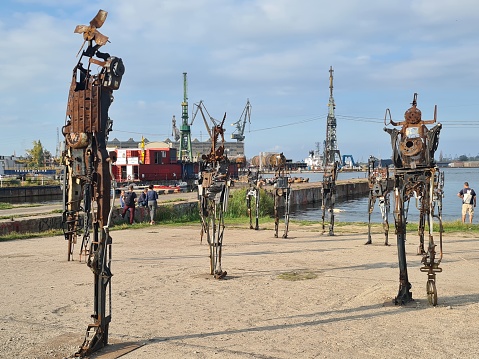 Gdansk, Poland – July 28, 2023: Czeslaw Podlesny scrap metal sculptures in Gdansk, Northern Poland.