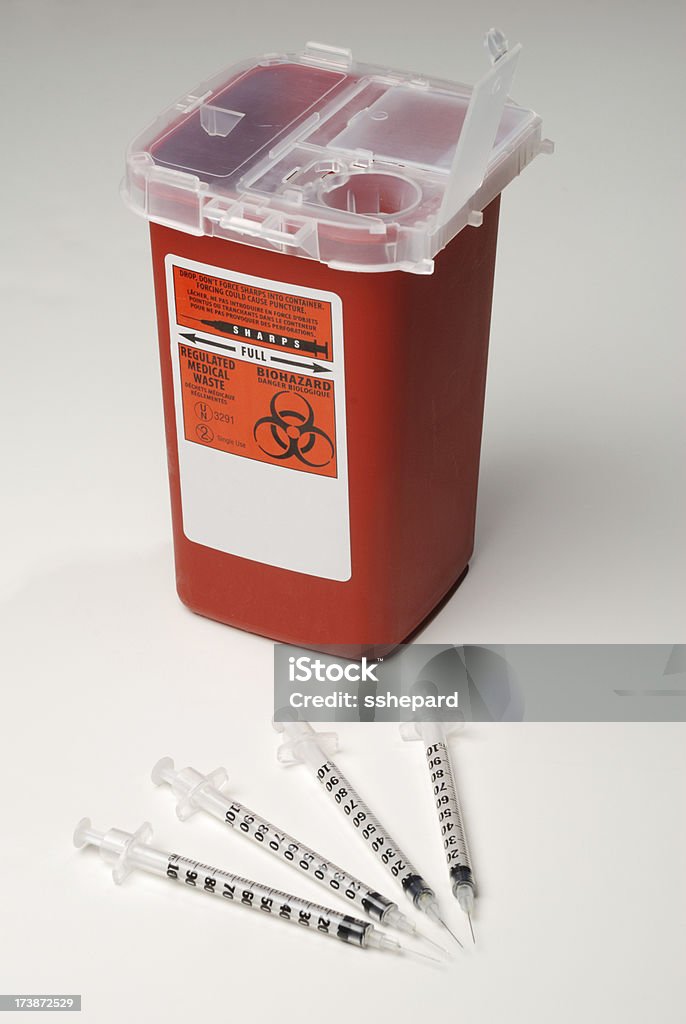 La jeringa y agujas recipiente para desechos - Foto de stock de Recipiente para desechos peligrosos libre de derechos