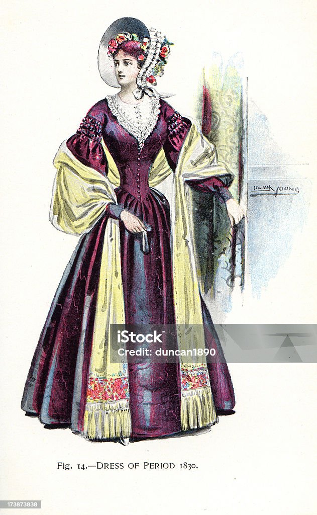 Jeune femme dans une robe dans les années 1830 - Illustration de Bonnet à la Fontanges libre de droits