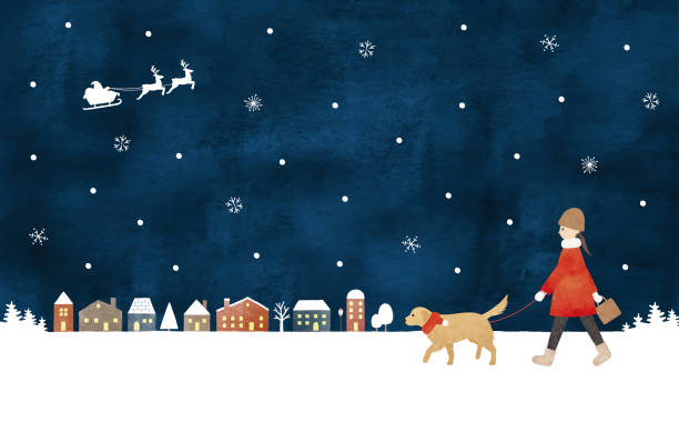istock Woman walking dog snowy town at night 1738742507