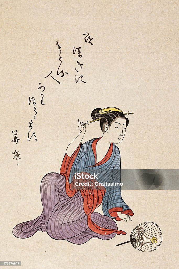 Geisha sitting on the floor Japan Woodcut Original Japanes Woodblock print from arround 1770.Original edition from my own archives. Japan stock illustration