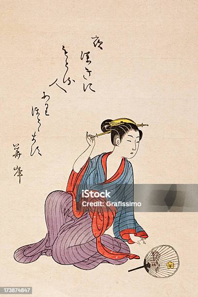 Geisha Sitting On The Floor Japan Woodcut Stock Illustration - Download Image Now - Japan, Japanese Culture, Ukiyo-e