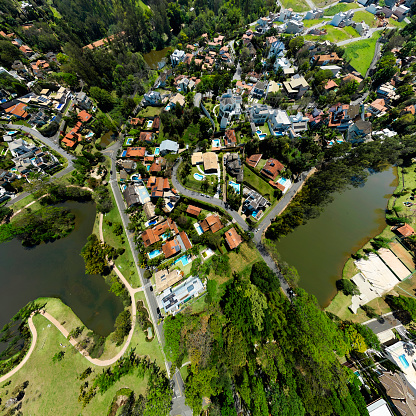 Vinhedo suburb to Sao Paulo. Landscape with town and lake seen from drone point of view
