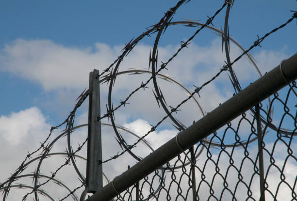 istock Razor Wire Fence Against a Cloudy Sky 173874953