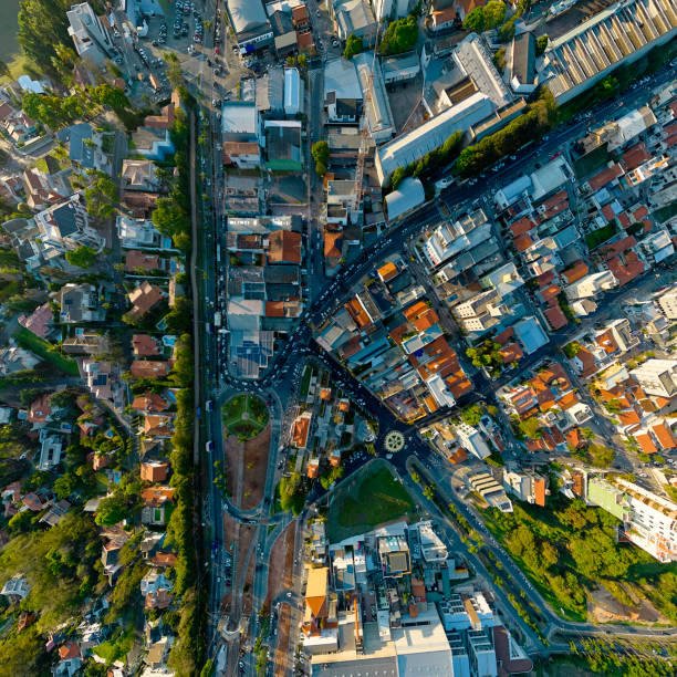 istock Aerial view of town directly above 1738750021