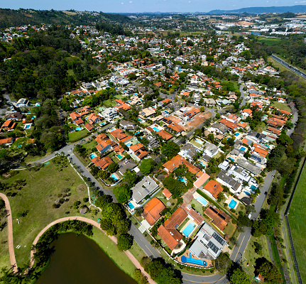 Vinhedo suburb to Sao Paulo. Landscape with town and lake seen from drone point of view