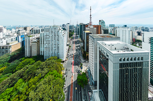 Above Aavenue Paulista in Sao Paulo. Cityscape from drone point of view