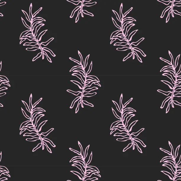 Vector illustration of Dark gray pattern with hand drawn pink leaf outline. Textiles and packaging.