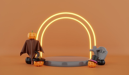 Spooky haloween pumpkins jack o' lanterns on podium and flying bats on neon background.3d rendering