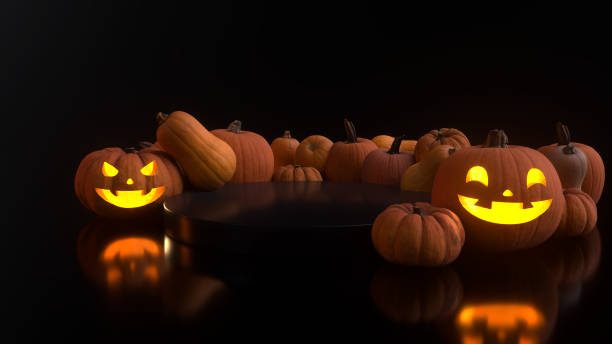 istock Black Empty Space Pedestal And Pumpkins With Lights. Halloween Background - 3D Illustration 1738772768