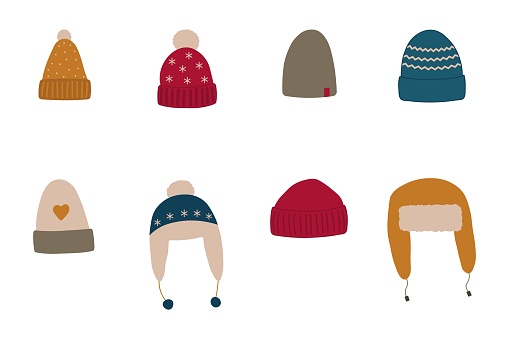 Isolated vector clipart set of knitted hats. Colored hand drawn doodles.