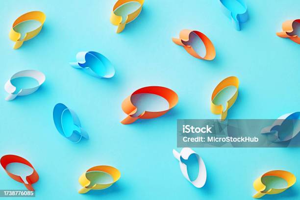 Colorful Speech Bubbles On Blue Background Stock Photo - Download Image Now - Abstract, Backgrounds, Blue